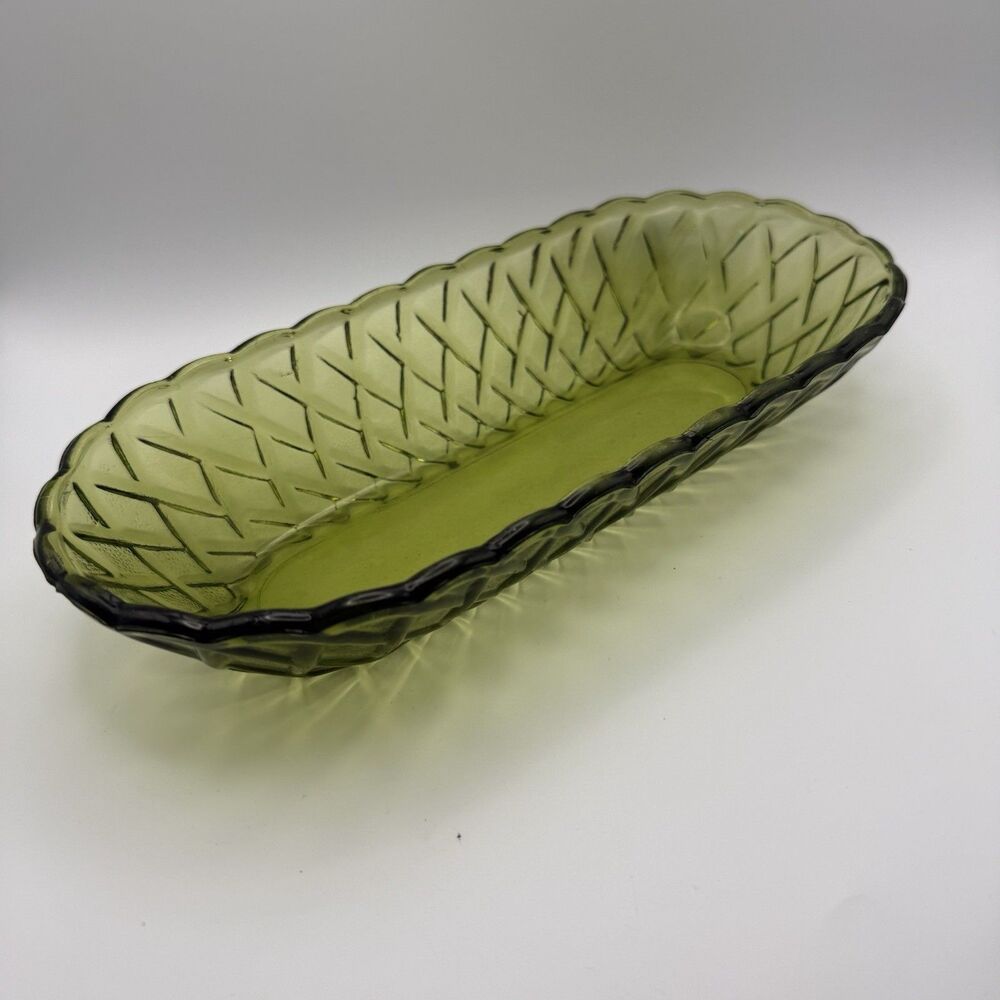 Vintage Indiana Glass Green Oblong Oval Basket weave Plate Tray MCM